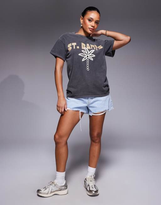 River Island St. Barts crochet palm t-shirt in dark grey, 3 of 4