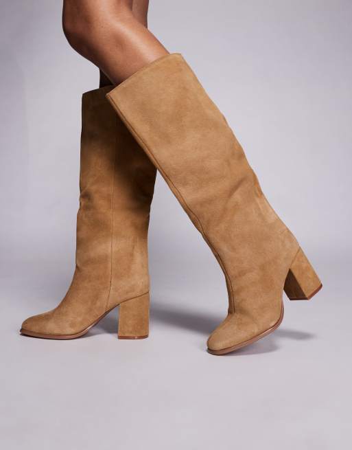 River Island stacked heel knee boots in tan suede ASOS