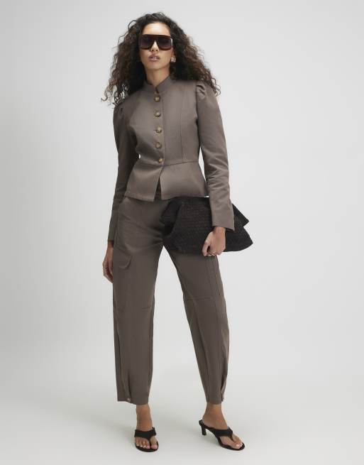 River Island Stand up collar drummer jacket in beige, 3 of 4