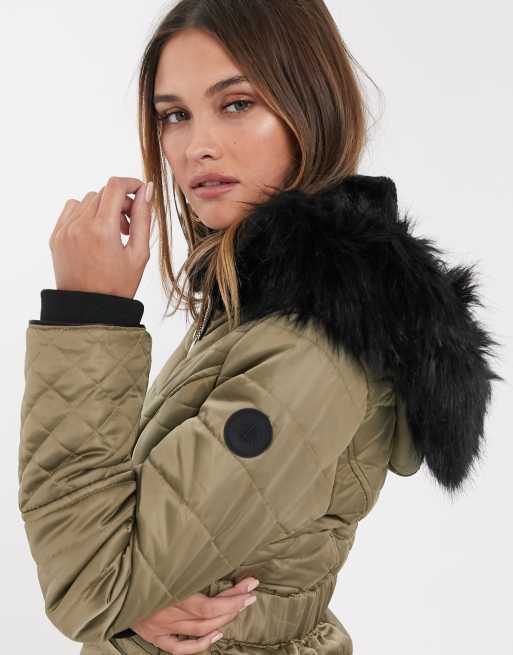 River Island – Steppjacke aus Satin mit Kunstpelzkapuze in Khaki, 3 von 4