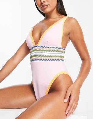 River Island Stitch Detail Swimsuit In Light Purple