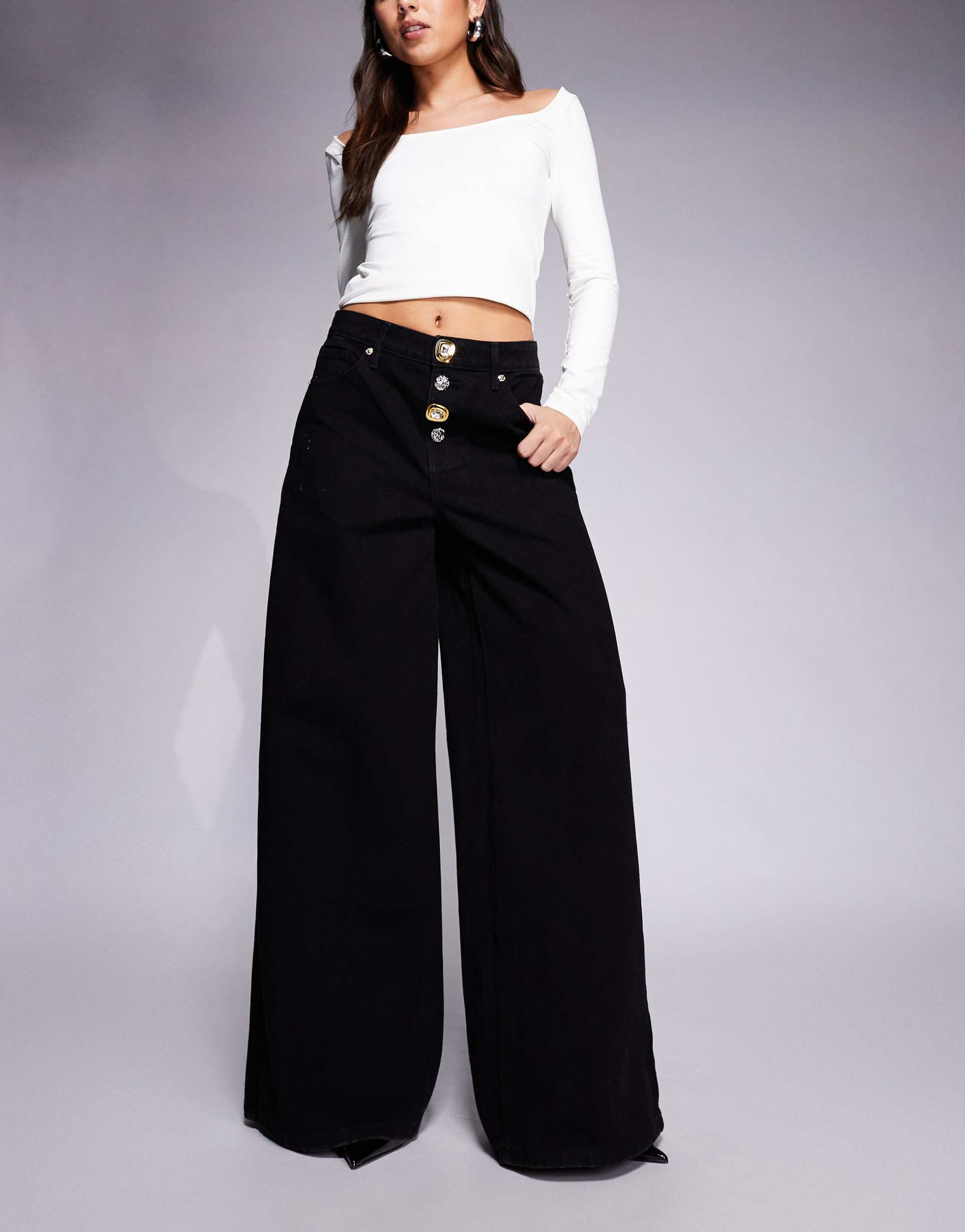 river island stitch detailing button front palazzo jeans in black