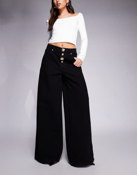 River Island stitch detail button front palazzo jean in black 
