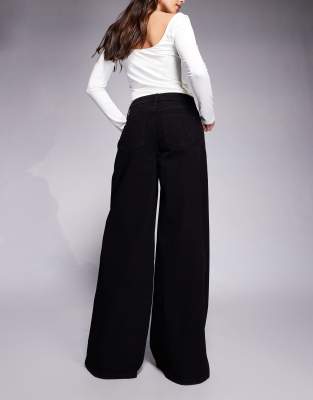 River Island Stitch Detailing Button Front Palazzo Jeans In Black