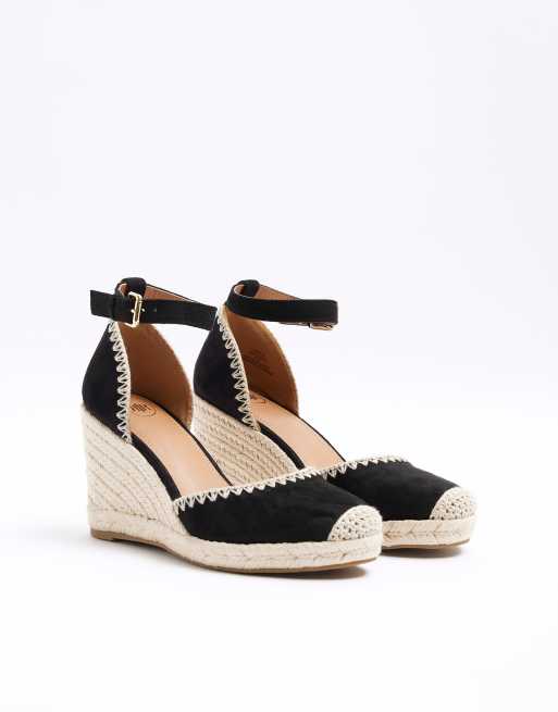 River Island Stitch wedge espadrille sandals in black