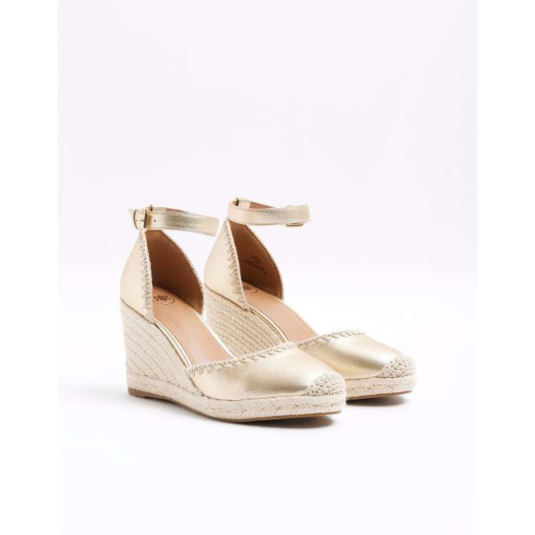 River Island Stitch wedge espadrille sandals in gold