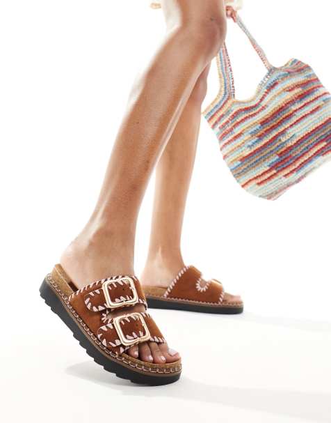 River Island stitched double buckle sandal in brown - view 1