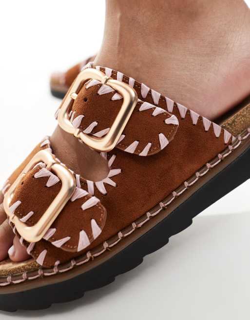 River Island stitched double buckle sandal in brown, 3 of 4