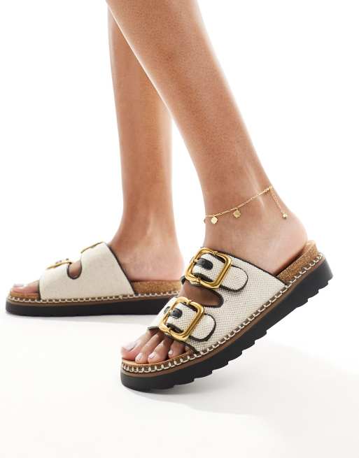 River Island stitched double buckle sandals in ecru