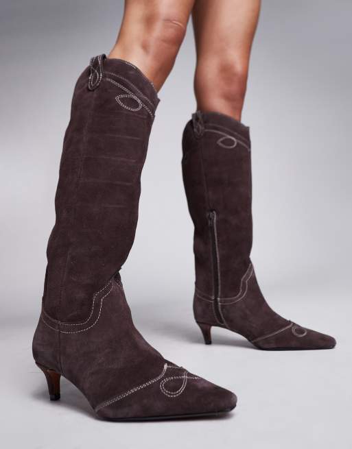 River Island - Stivali al ginocchio con tacco marroni stile western, 4 di 4
