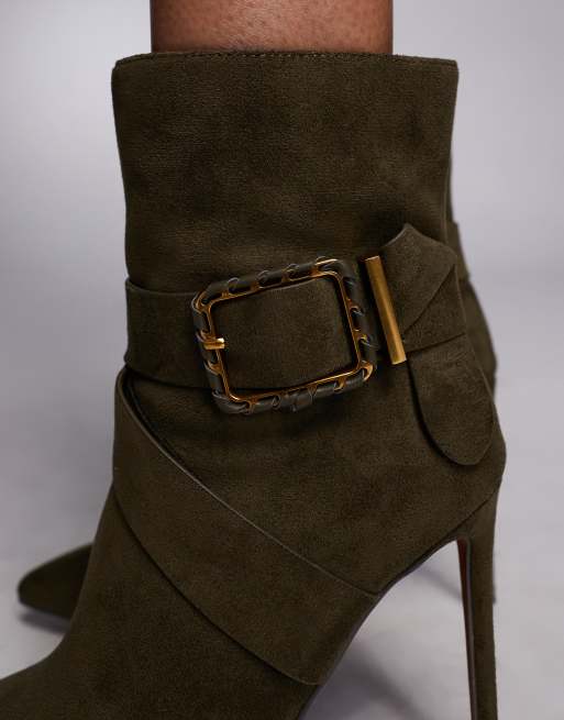 River Island - Stivali con tacco in camoscio sintetico kaki, 3 di 4