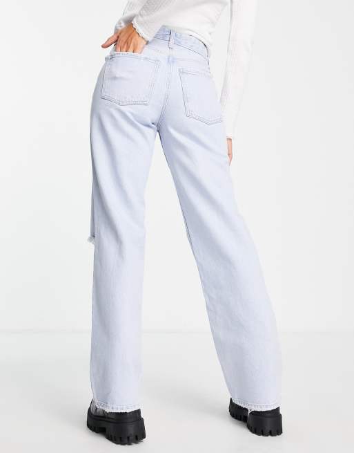 River Island straight cut dad jeans with knee rip in light blue