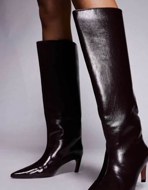 River Island straight high leg boots in burgundy ASOS