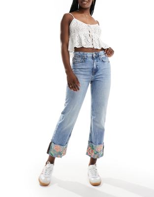 River Island straight jean with embroidered hem in midwash blue