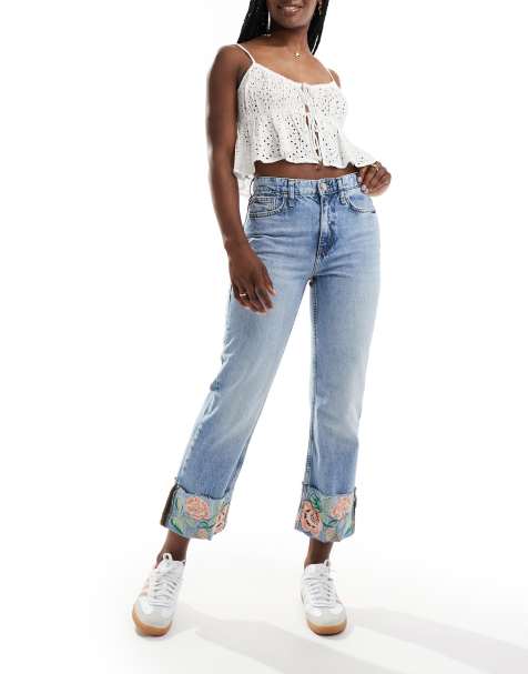 River Island straight jean with embroidered hem in midwash blue - view 1