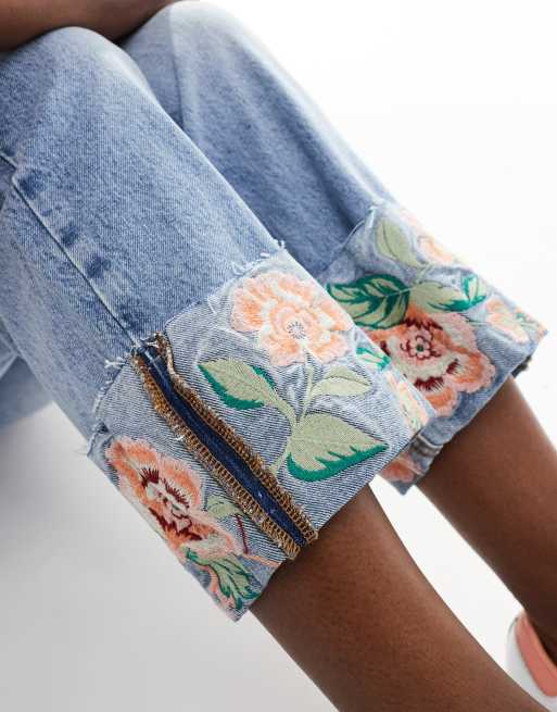 River Island straight jean with embroidered hem in midwash blue ASOS