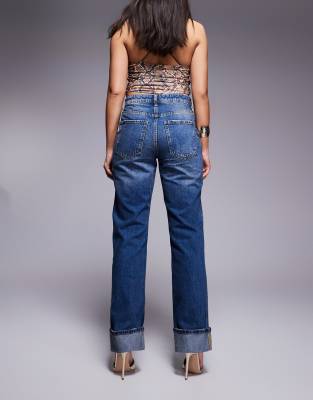 Shop River Island Straight Leg Jeans With Cuffs In Blue