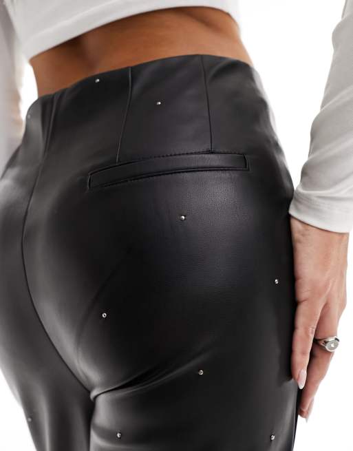 River Island straight leg PU trouser with studded detail in black, 2 of 5