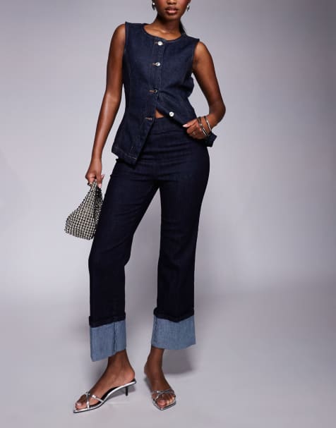 River Island straight leg turn up jeans in blue - view 1