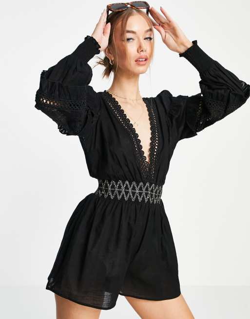 River Island - Strand playsuit met kant en volumineuze mouwen in zwart