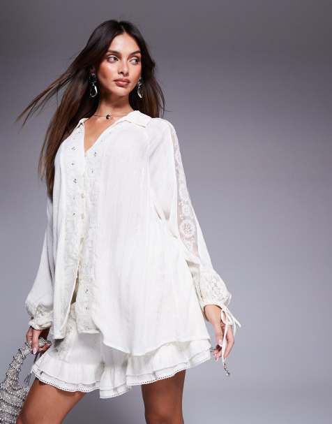 River Island – Strandhemd in Creme mit Spitzenverzierung, Kombiteil - view 1