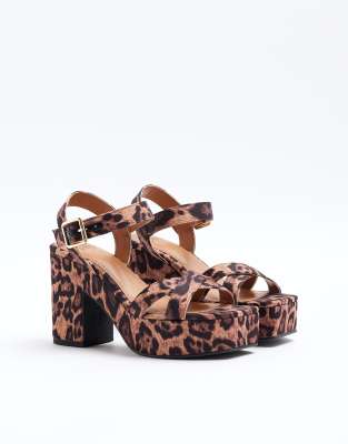  River Island Strap animal print platform sandals in brown - light