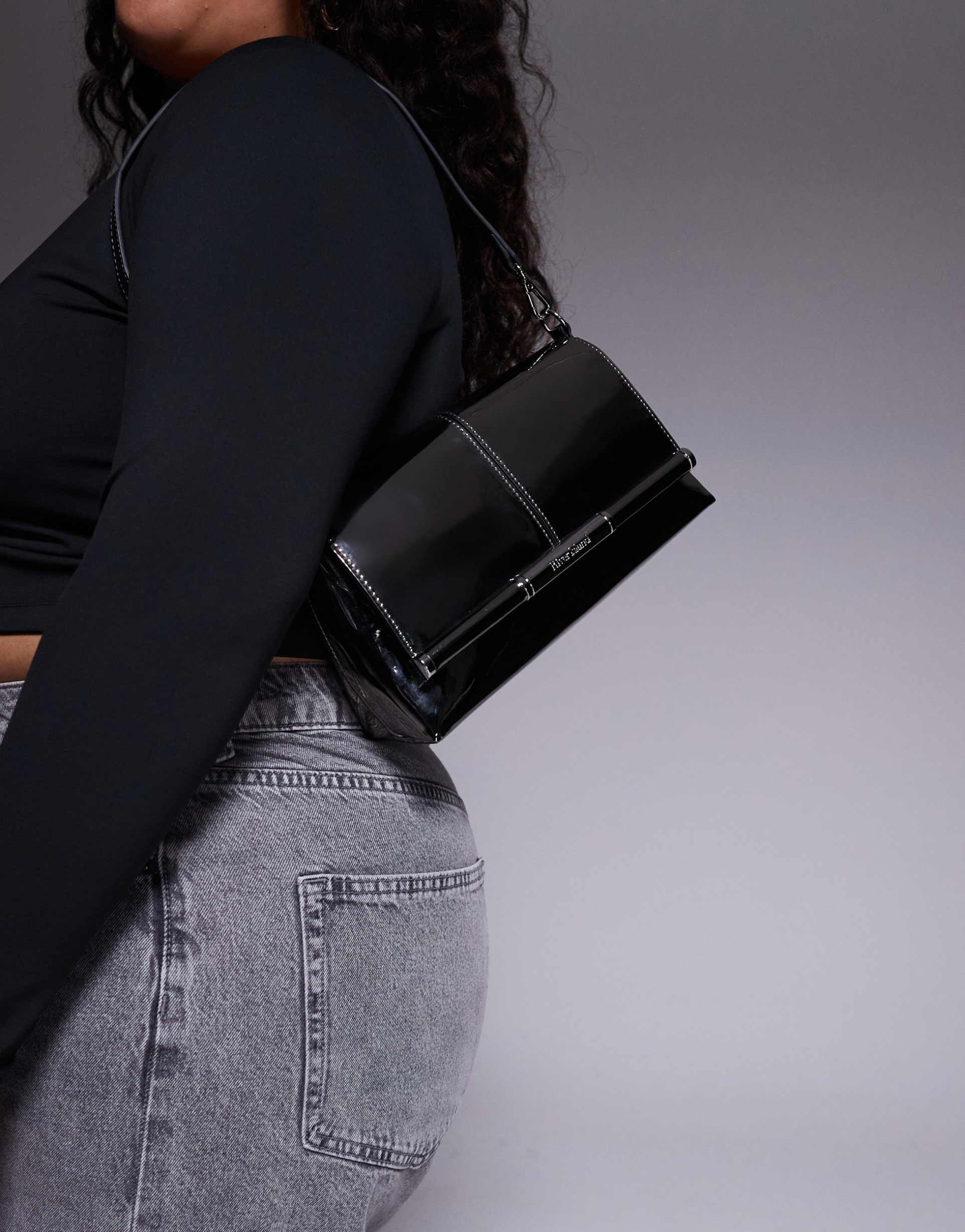 river island strap front shoulder clutch purse in silver