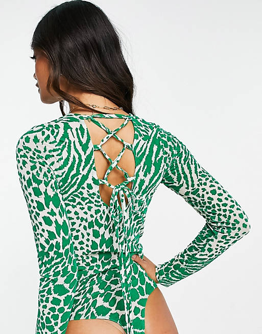 River Island Plus Green Animal Print Lace Up Bodysuit Womens Clothing Lingerie Bodysuits 