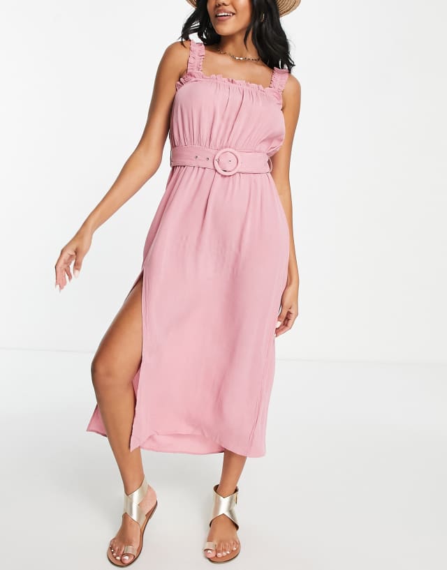 River Island strappy belted midi beach dress in pink