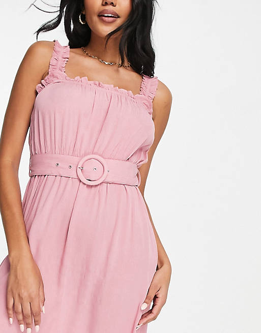 River Island strappy belted midi beach dress in pink 