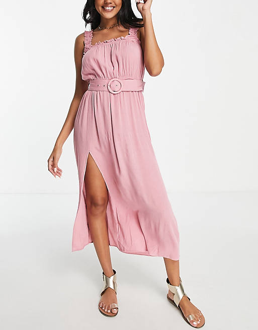  River Island strappy belted midi beach dress in pink 