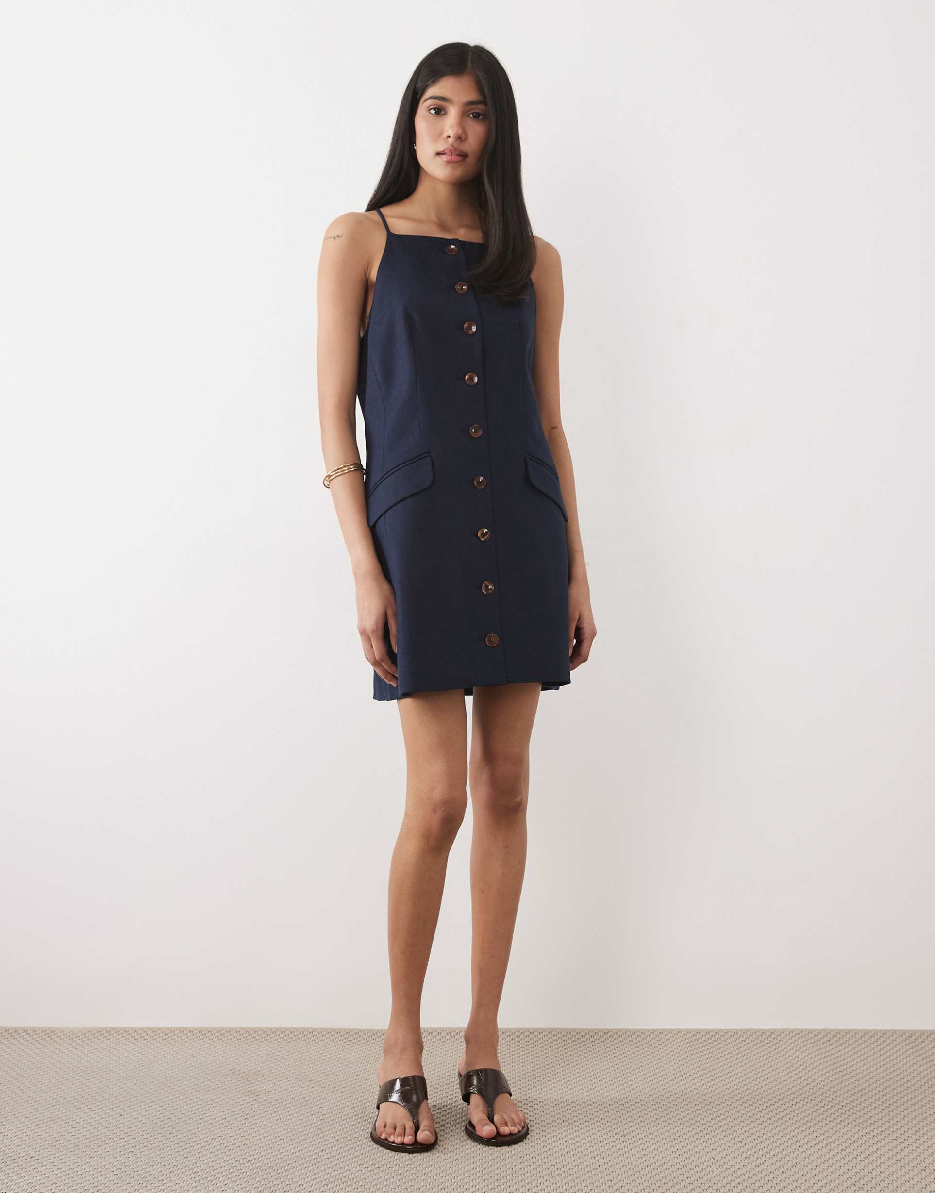 river island strappy button down mini dress in navy