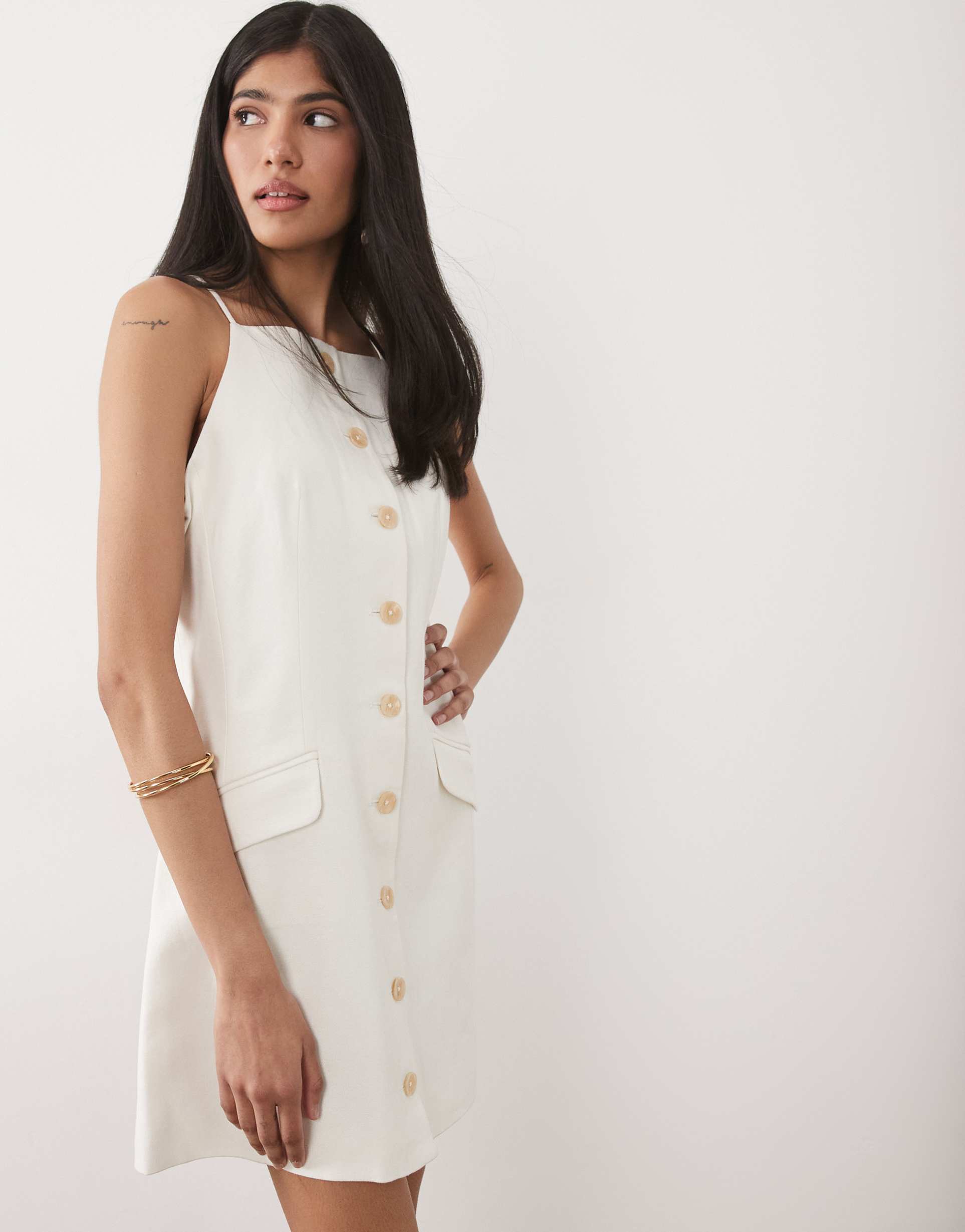 river island strappy button down mini dress in white