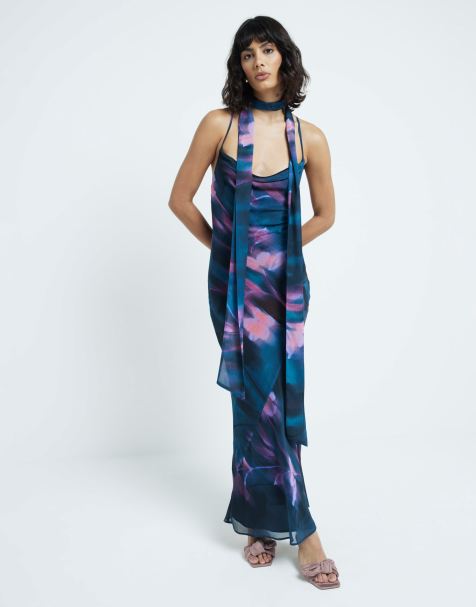 River Island strappy floral print slip dress in mid blue