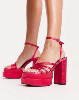  strappy platform block heel sandal in bright pink