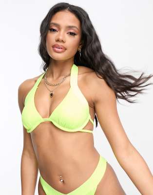 River Island Strappy Plunge Bikini Top In Bright Green