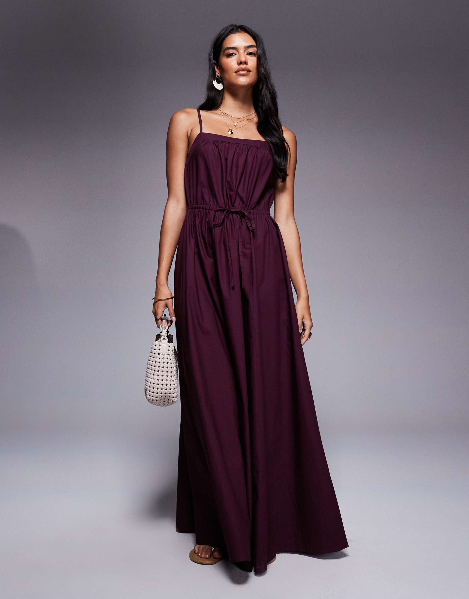 river island strappy poplin midi dress in wine