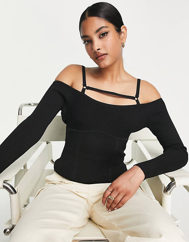 River Island - strappy ribbed knit top in black