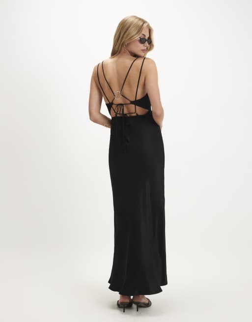 River Island Strappy satin maxi dress in black , 2 of 3