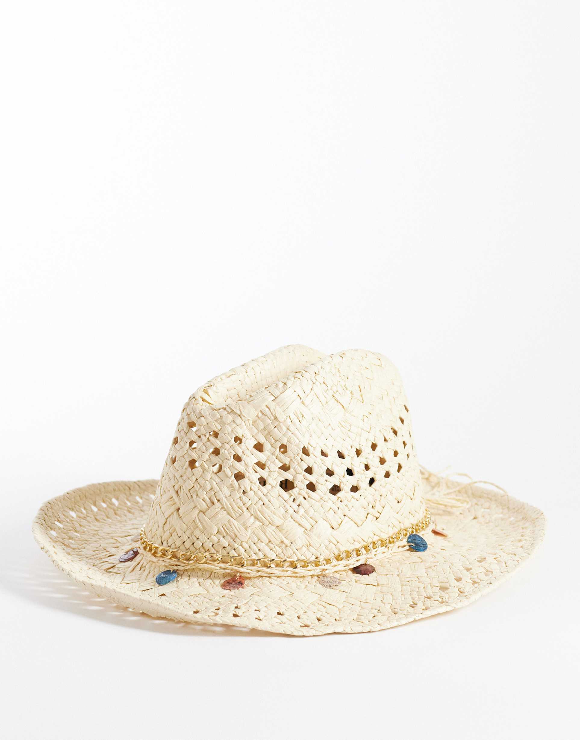 river island straw hat with coin detail in cream
