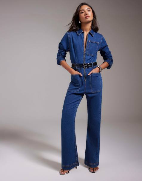 River Island Stretch denim straight leg jumpsuit in denim - dark - view 1