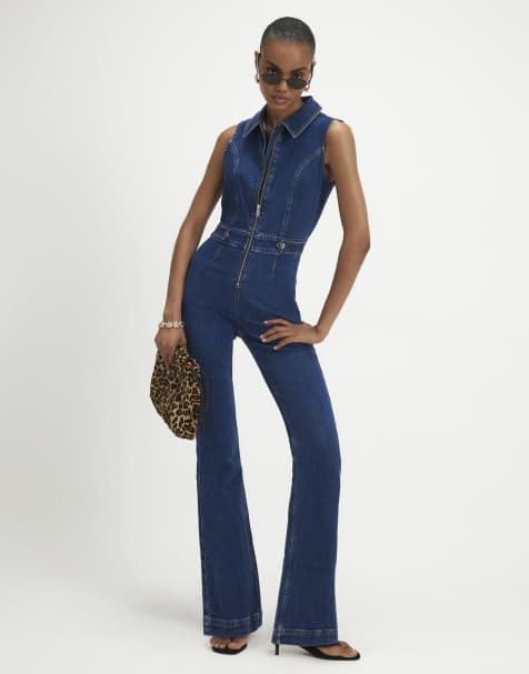 River Island Stretch flared denim jumpsuit in denim - medium - view 1