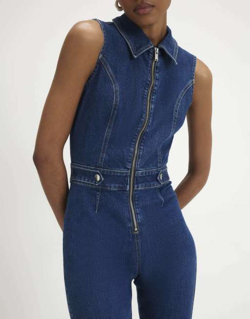 River Island Stretch flared denim jumpsuit in denim, 3 of 4