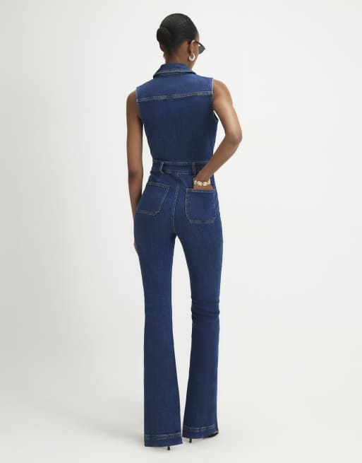 River Island Stretch flared denim jumpsuit in denim, 4 of 4