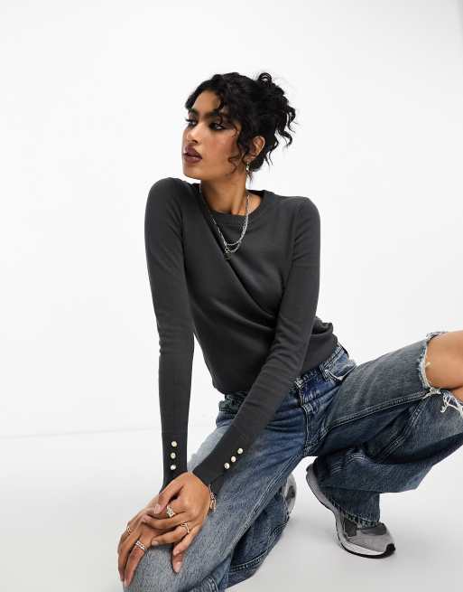 River Island – Strick-Oberteil in Dunkelgrau mit Rundhalsausschnitt