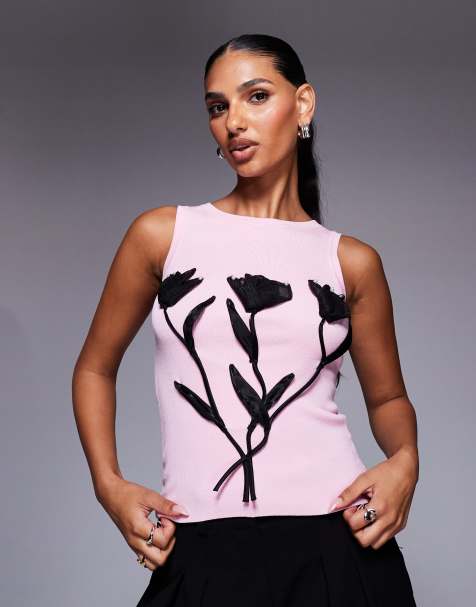 River Island – Strick-Trägertop in Hellrosa mit Blumen-Applikation - view 1