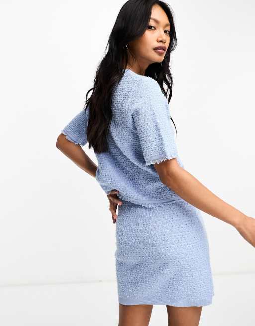 River Island – Strickjacke aus Bouclé in Hellblau mit Strassknöpfen in Herzoptik, Kombiteil, 4 von 4