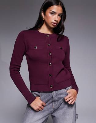 River Island - Strickjacke in Burgunderrot mit Kontrastrand