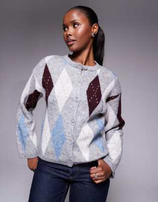 River Island - Strickjacke in Dunkelgrau mit Rautenmuster