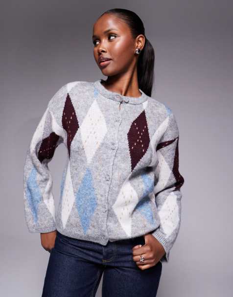 River Island – Strickjacke in Dunkelgrau mit Rautenmuster - view 1